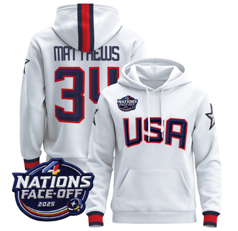 Men's Auston Matthews Hoodie #34 USA 4 Nations Face-Off 2025 Pullover White