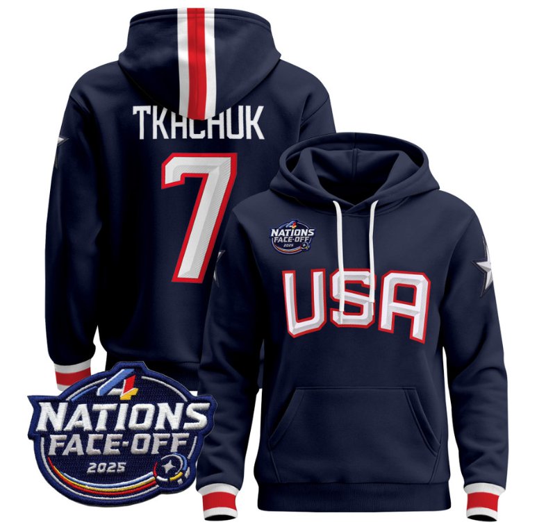 Men's Brady Tkachuk Hoodie #7 USA 4 Nations Face-Off 2025 Pullover Stitched Navy