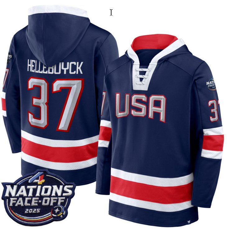 Men's Connor Hellebuyck Hoodie #37 USA 4 Nations Face-Off 2025 Pullover Stitched