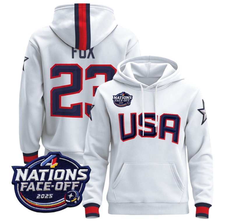 Men's Adam Fox Hoodie #23 USA 4 Nations Face-Off 2025 Pullover Stitched White