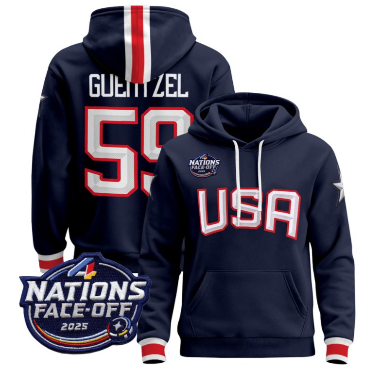 Men's Jake Guentzel Hoodie #59 USA 4 Nations Face-Off 2025 Pullover Stitched Navy