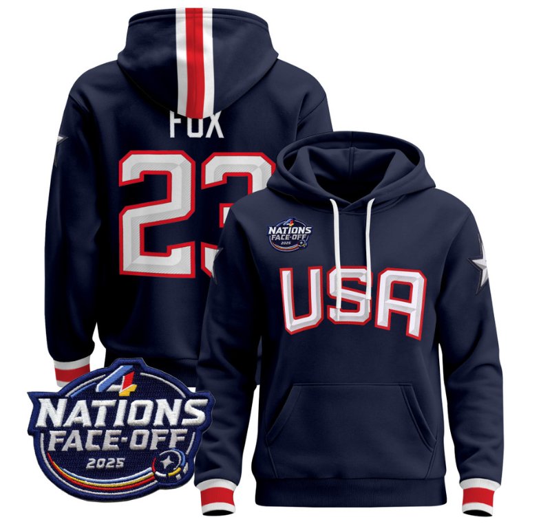 Men's Adam Fox Hoodie #23 USA 4 Nations Face-Off 2025 Pullover Stitched Navy
