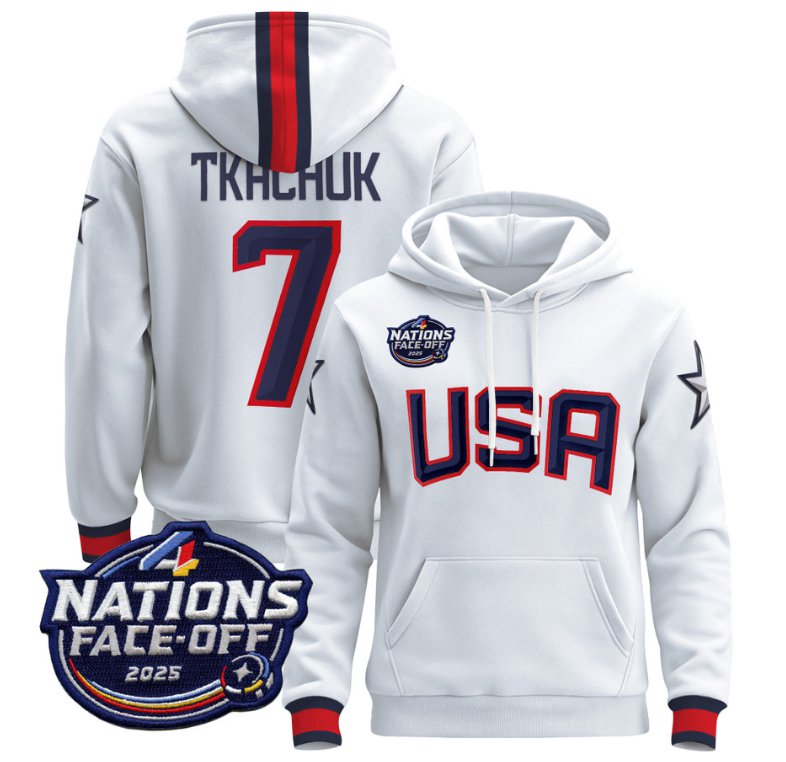 Men's Brady Tkachuk Hoodie #7 USA 4 Nations Face-Off 2025 Pullover Stitched White