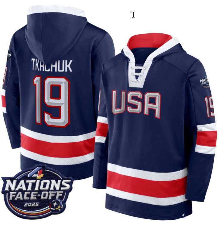Men's Matthew Tkachuk Hoodie #19 USA 4 Nations Face-Off 2025 Pullover Stitched