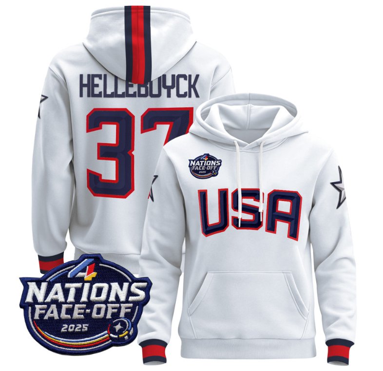 Men's Connor Hellebuyck Hoodie #37 USA 4 Nations Face-Off 2025 Pullover White