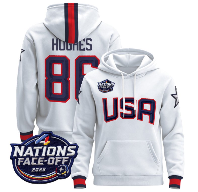 Men's Jack Hughes Hoodie #86 USA 4 Nations Face-Off 2025 Pullover Stitched White