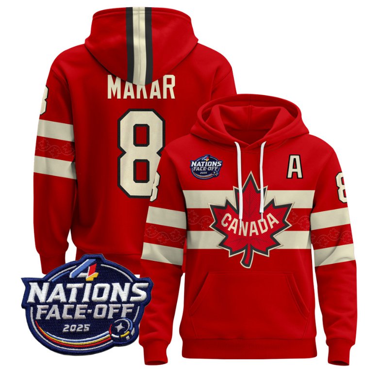 Men's Cale Makar Hoodie #8 Canada 4 Nations Face-Off 2025 Pullover V2 Red