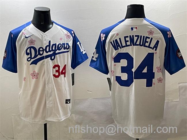 Men's Los Angeles Dodgers #34 Fernando Valenzuela White Royal 2025 Tokyo Series Limited Stitched Baseball Jersey