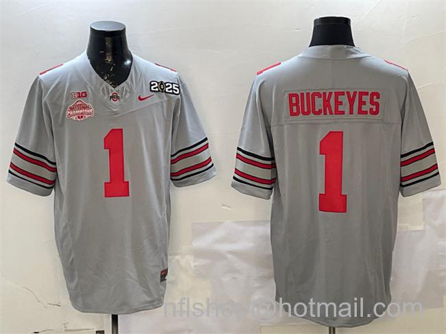 Men's Ohio State Buckeyes #1 Buckeyes Grey 2025 CFP Final With National Champions Patch F.U.S.E. Vapor Limited Stitched Football Jersey
