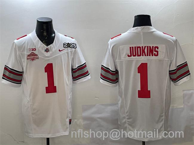 Men's Ohio State Buckeyes #1 Quinshon Judkins White 2025 CFP Final With National Champions Patch F.U.S.E. Vapor Limited Stitched Football Jersey