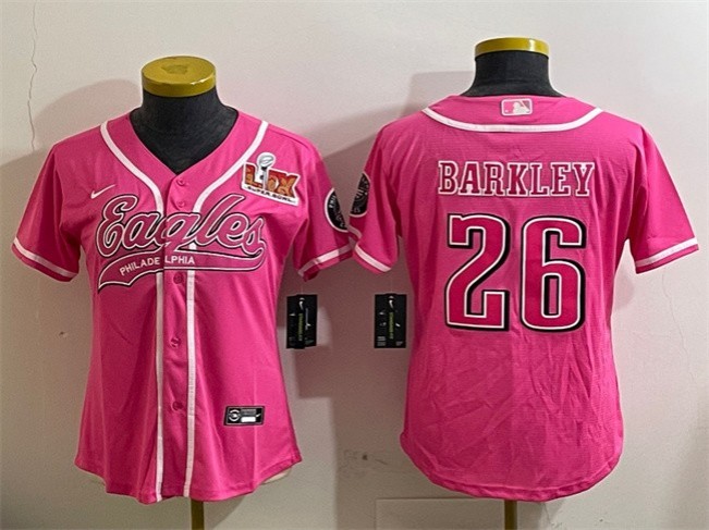 Youth Philadelphia Eagles #26 Saquon Barkley Pink 2025 Super Bowl LIX Patch Cool Base Stitched Baseball Jersey