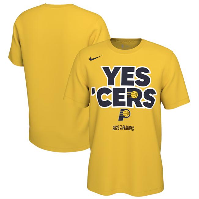 Men's Indiana Pacers Gold 2025 Playoffs On-Court Mantra T-Shirt