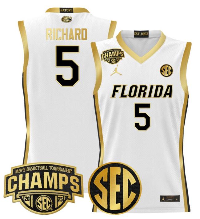 Men's Jordan Brand Will Richard #5 Florida Gators 2025 NCAA Men's Basketball Tournament Champions Patch White Gold Stitched Jersey