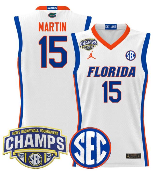 Men's Jordan Brand Alijah Martin #15 Florida Gators 2025 NCAA Men's Basketball Tournament Champions Patch White Stitched Jersey