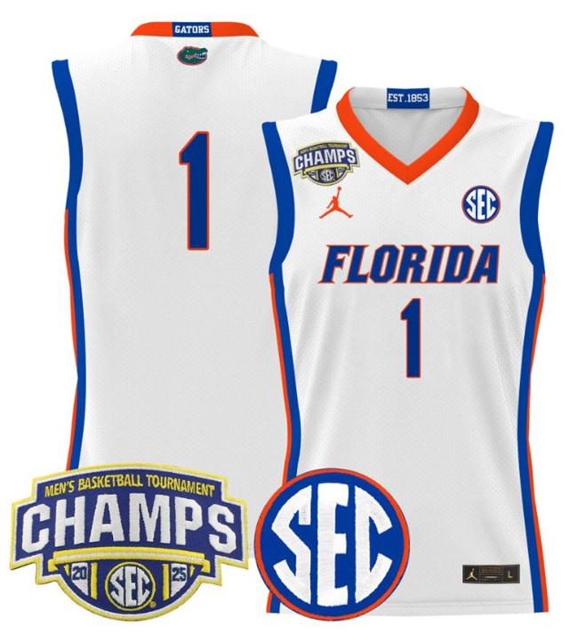 Men's Jordan Brand Team #1 Florida Gators 2025 NCAA Men's Basketball Tournament Champions Patch White Stitched Jersey