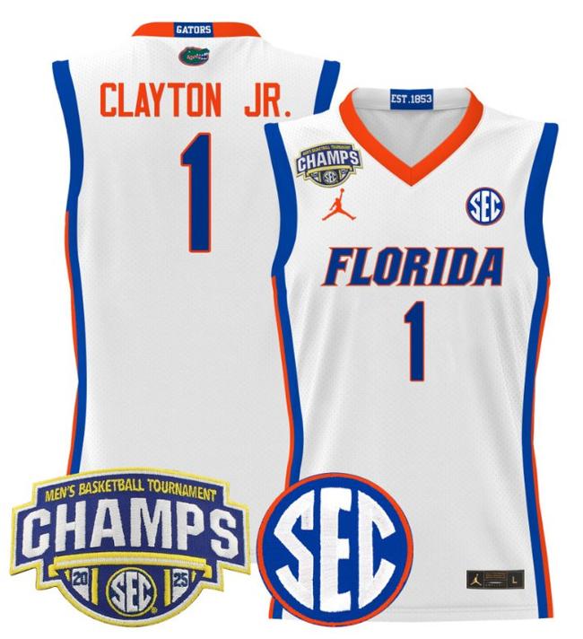Men's Jordan Brand Walter Clayton Jr #1 Florida Gators 2025 NCAA Men's Basketball Tournament Champions Patch White Stitched Jersey