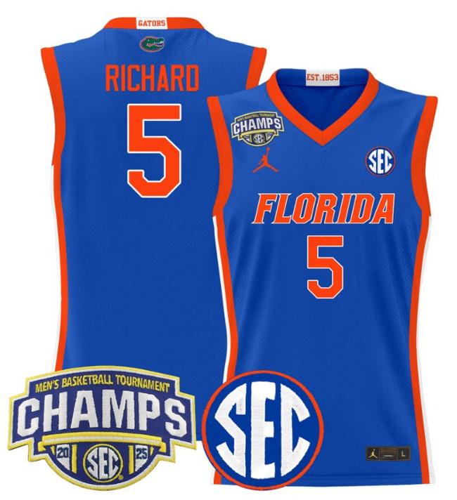 Men's Jordan Brand Will Richard #5 Florida Gators 2025 NCAA Men's Basketball Tournament Champions Patch Royal Stitched Jersey