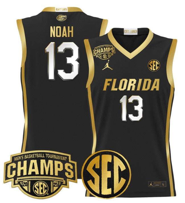 Men's Jordan Brand Joakim Noah #13 Florida Gators 2025 NCAA Men's Basketball Tournament Champions Patch Black Gold Stitched Jersey