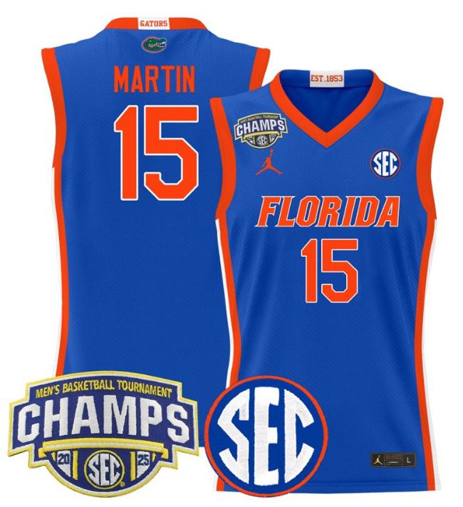 Men's Jordan Brand Alijah Martin #15 Florida Gators 2025 NCAA Men's Basketball Tournament Champions Patch Royal Stitched Jersey