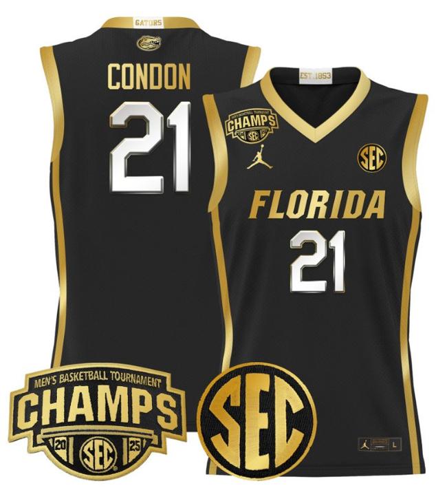 Men's Jordan Brand Alex Condon #21 Florida Gators 2025 NCAA Men's Basketball Tournament Champions Patch Black Gold Stitched Jersey