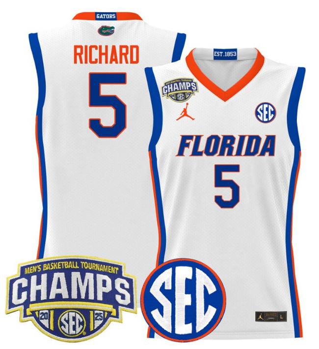 Men's Jordan Brand Will Richard #5 Florida Gators 2025 NCAA Men's Basketball Tournament Champions Patch White Stitched Jersey