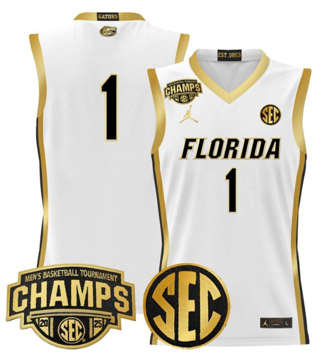 Men's Jordan Brand Team #1 Florida Gators 2025 NCAA Men's Basketball Tournament Champions Patch White Gold Stitched Jersey