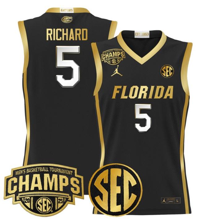 Men's Jordan Brand Will Richard #5 Florida Gators 2025 NCAA Men's Basketball Tournament Champions Patch Black Gold Stitched Jersey