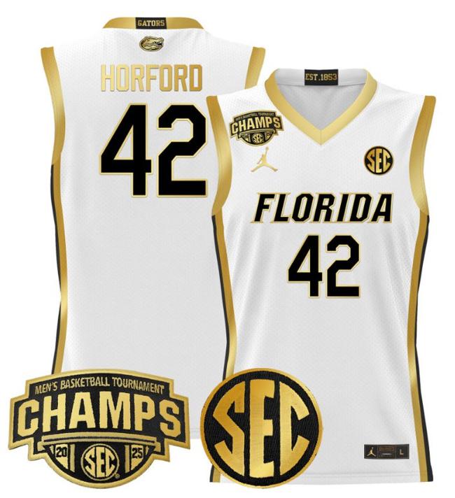 Men's Jordan Brand Al Horford #42 Florida Gators 2025 NCAA Men's Basketball Tournament Champions Patch White Gold Stitched Jersey