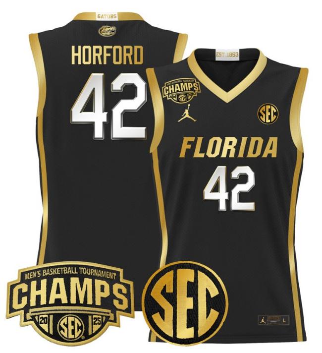 Men's Jordan Brand Al Horford #42 Florida Gators 2025 NCAA Men's Basketball Tournament Champions Patch Black Gold Stitched Jersey