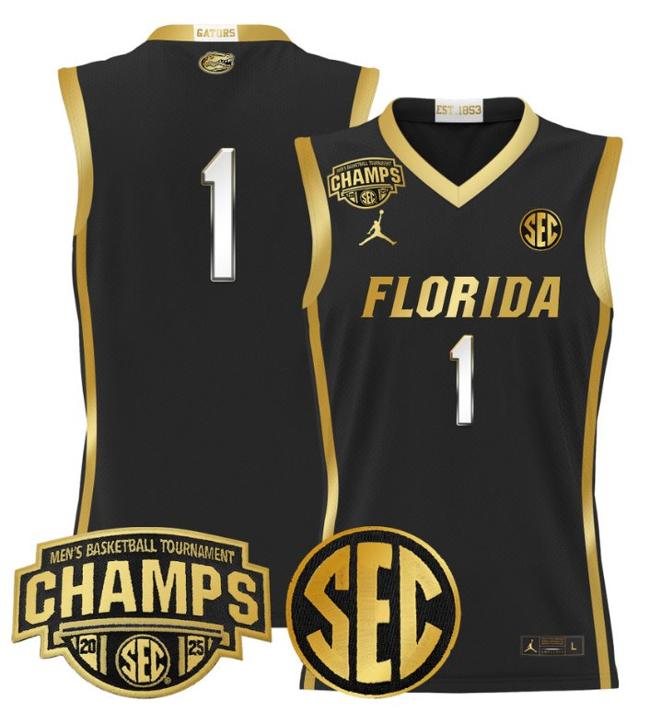 Men's Jordan Brand Team #1 Florida Gators 2025 NCAA Men's Basketball Tournament Champions Patch Black Gold Stitched Jersey
