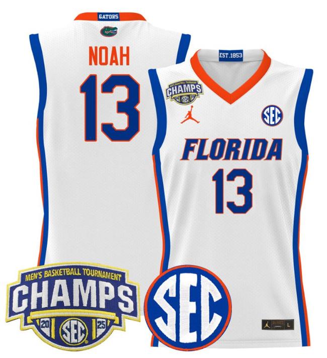 Men's Jordan Brand Joakim Noah #13 Florida Gators 2025 NCAA Men's Basketball Tournament Champions Patch White Stitched Jersey