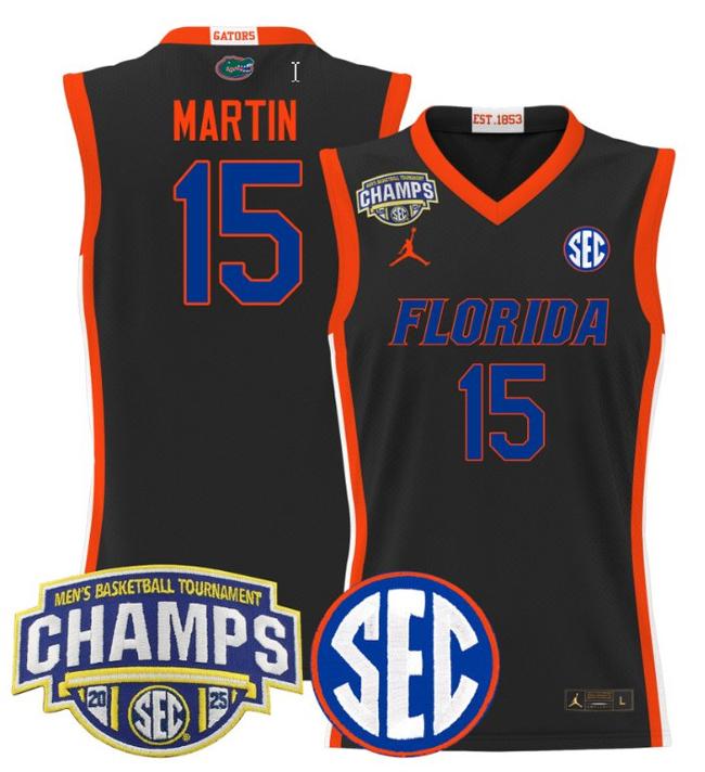 Men's Jordan Brand Alijah Martin #15 Florida Gators 2025 NCAA Men's Basketball Tournament Champions Patch Black Stitched Jersey