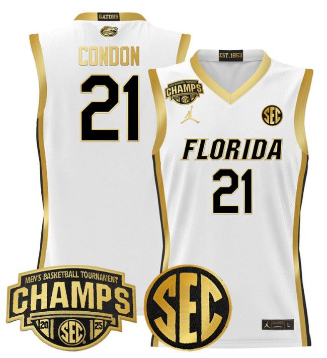 Men's Jordan Brand Alex Condon #21 Florida Gators 2025 NCAA Men's Basketball Tournament Champions Patch White Gold Stitched Jersey
