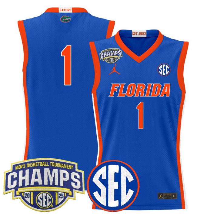 Men's Jordan Brand Team #1 Florida Gators 2025 NCAA Men's Basketball Tournament Champions Patch Royal Stitched Jersey