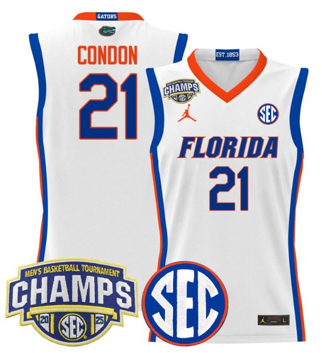 Men's Jordan Brand Alex Condon #21 Florida Gators 2025 NCAA Men's Basketball Tournament Champions Patch White Stitched Jersey