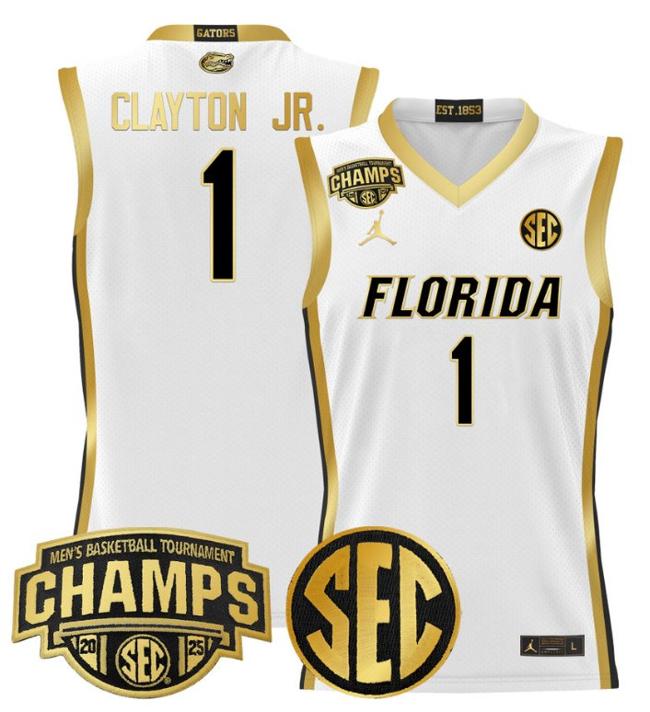 Men's Jordan Brand Walter Clayton Jr #1 Florida Gators 2025 NCAA Men's Basketball Tournament Champions White Gold Stitched Jersey