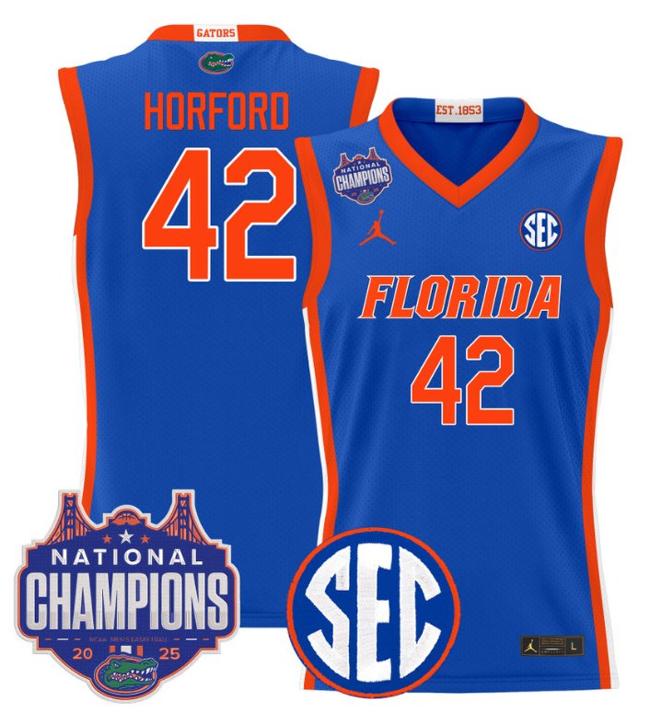 Men's Jordan Brand Al Horford #42 Florida Gators 2025 NCAA Men's Basketball National Champions Patch Royal Stitched Jersey