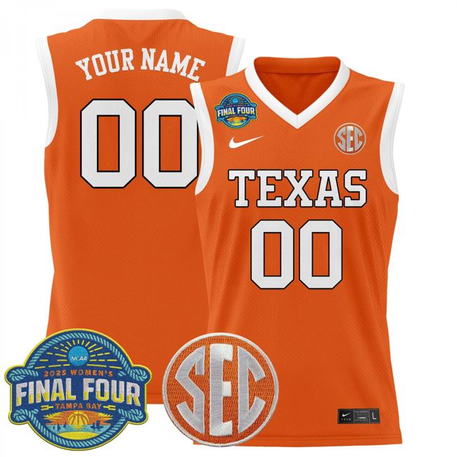 Custom Nike Texas Longhorns 2025 NCAA Women's Basketball Sec Final Four Patch Stitched Jersey Orange Custom Nike Texas Longhorns 2025 NCAA Women's Basketball Sec Final Four Patch Stitched Jersey Orange