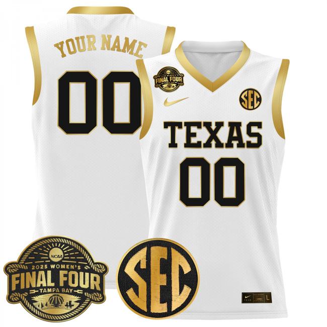 Custom Nike Texas Longhorns 2025 NCAA Women's Basketball Sec Final Four Patch Stitched Jersey White Gold Custom Nike Texas Longhorns 2025 NCAA Women's Basketball Sec Final Four Patch Stitched Jersey White Gold