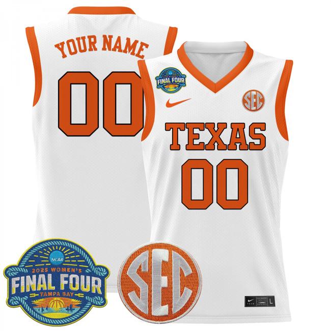 Custom Nike Texas Longhorns 2025 NCAA Women's Basketball Sec Final Four Patch Stitched Jersey White Custom Nike Texas Longhorns 2025 NCAA Women's Basketball Sec Final Four Patch Stitched Jersey White