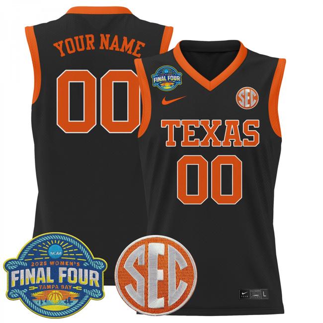 Custom Nike Texas Longhorns 2025 NCAA Women's Basketball Sec Final Four Patch Stitched Jersey Black Custom Nike Texas Longhorns 2025 NCAA Women's Basketball Sec Final Four Patch Stitched Jersey Black