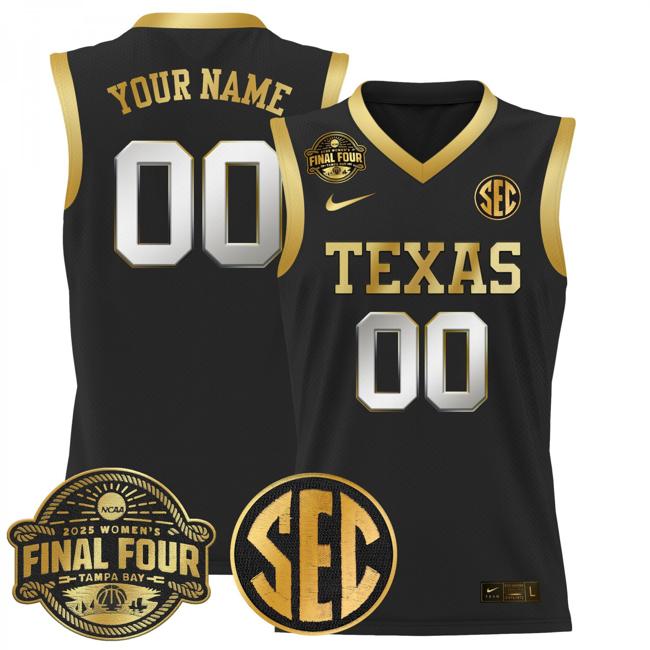 Custom Nike Texas Longhorns 2025 NCAA Women's Basketball Sec Final Four Patch Stitched Jersey Black Gold Custom Nike Texas Longhorns 2025 NCAA Women's Basketball Sec Final Four Patch Stitched Jersey Black Gold