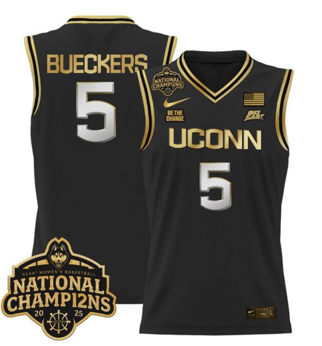 Women's Nike Paige Bueckers Jersey #5 UConn Huskies 2025 NCAA Women's Basketball National Champions Patch Black Gold