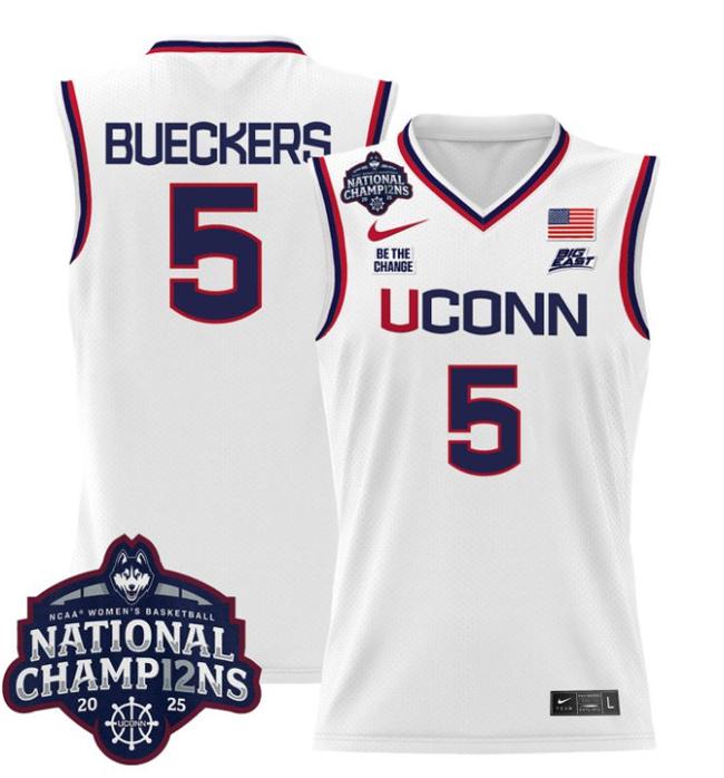 Women's Nike Paige Bueckers Jersey #5 UConn Huskies 2025 NCAA Women's Basketball National Champions Patch White