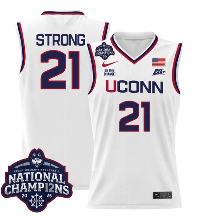Women's Nike Sarah Strong Jersey #21 UConn Huskies 2025 NCAA Women's Basketball National Champions Patch White