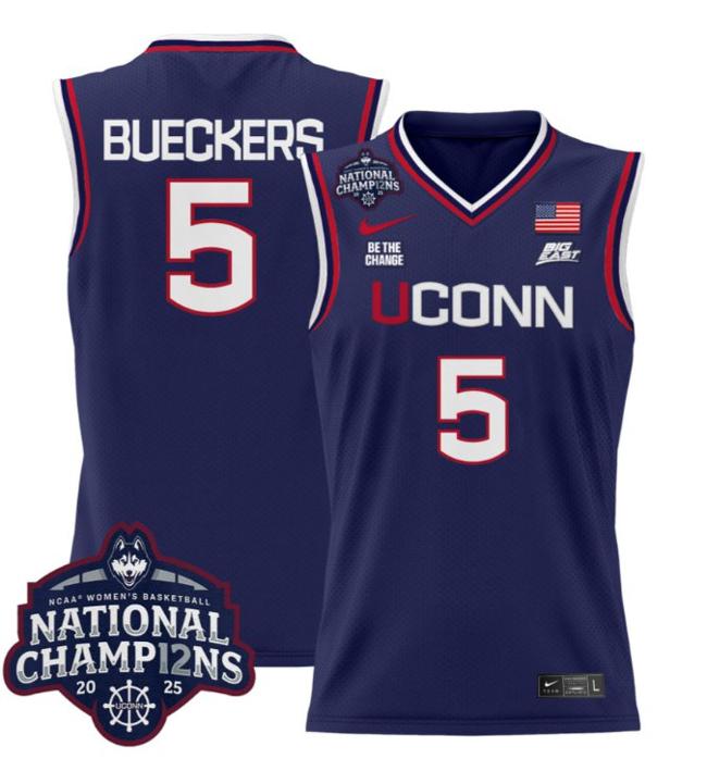 Women's Nike Paige Bueckers Jersey #5 UConn Huskies 2025 NCAA Women's Basketball National Champions Patch Navy