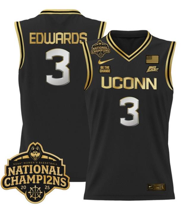 Women's Nike Aaliyah Edwards Jersey #3 UConn Huskies 2025 NCAA Women's Basketball National Champions Patch Black Gold
