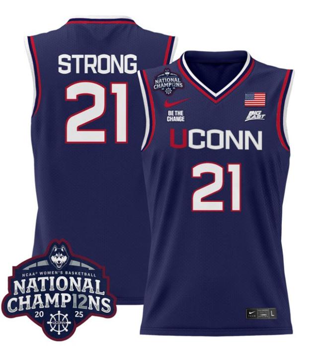 Women's Nike Sarah Strong Jersey #21 UConn Huskies 2025 NCAA Women's Basketball National Champions Patch Navy