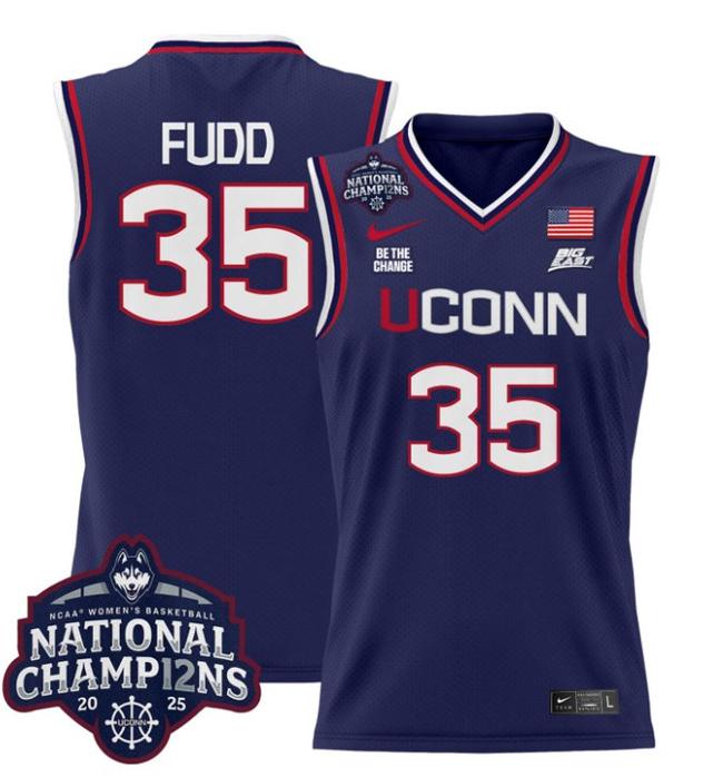 Women's Nike Azzi Fudd Jersey #35 UConn Huskies 2025 NCAA Women's Basketball National Champions Patch Navy