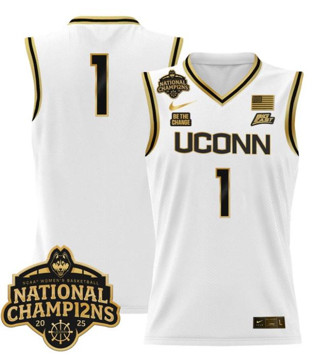 Women's Nike Team Jersey #1 UConn Huskies 2025 NCAA Women's Basketball National Champions Patch Stitched White Gold